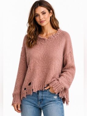 POL Blush Pink Distressed Knit Oversized Slouchy Sweater Size L